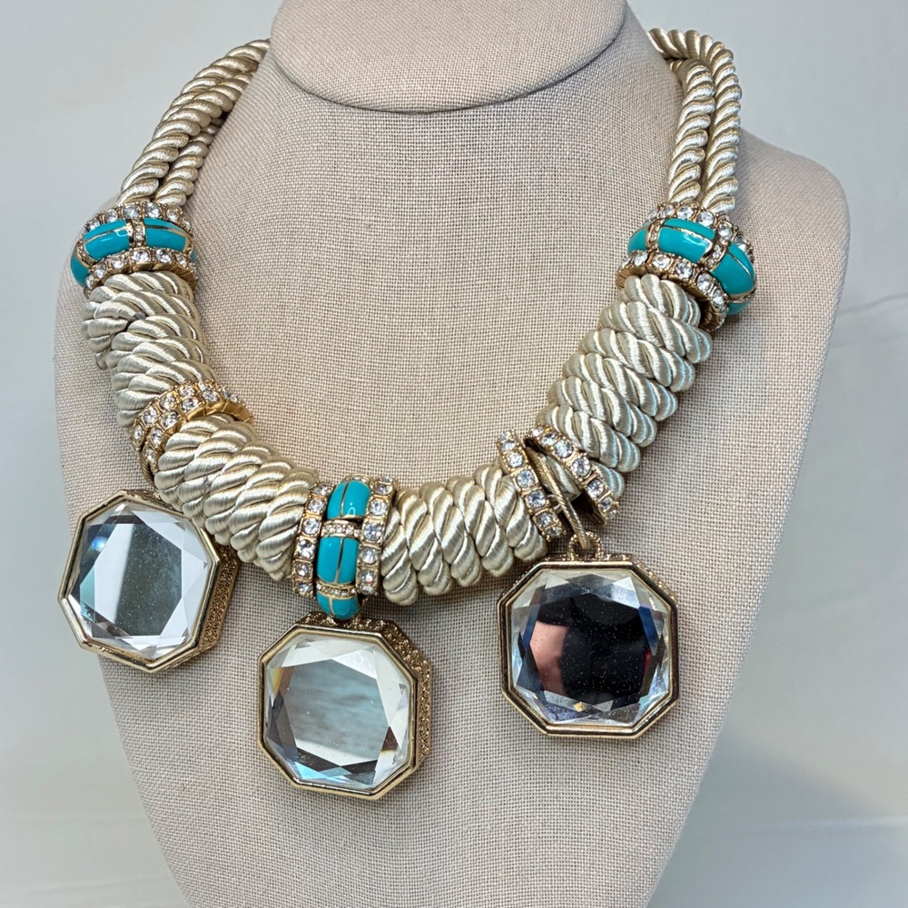 Chunky Statement Rope Necklace Rhinestone Faceted Mirror Pendants Gold Tone - Picture 10 of 16